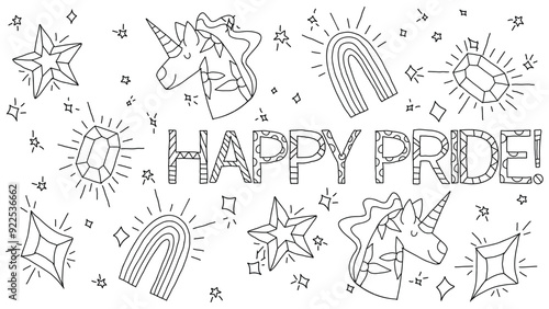 Happy Pride | Hand Drawn Icons of Unicorn, Jewel, Sparkle, Star, and Glitter | Black and White