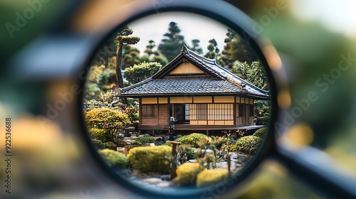 A miniature Japanese house with a traditional roof and garden, seen through a magnifying glass.