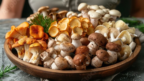 Close-Up of Various Mushrooms on a Wooden Plate and a Cluster of White Agaricus Like Mushrooms Growing on the Forest Floor in Estabrook Woods, Concord, Massachusetts, with Copy Space photo