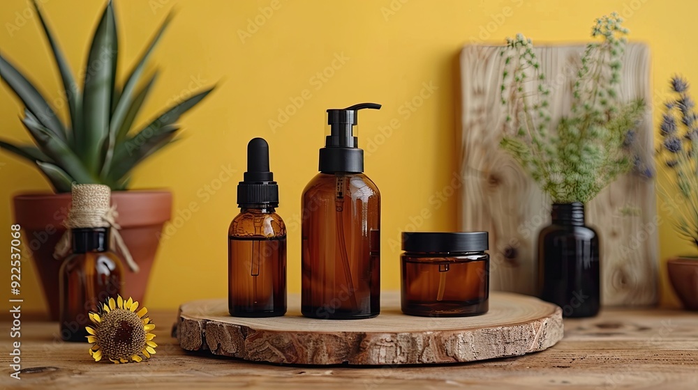 dark amber glass bottles with natural cosmetics flat lay pump bottle with liquid soap,sprayer on yellow background. dark amber glass bottles with natural cosmetics flat lay pump bottle with liquid soap,sprayer on yellow background.