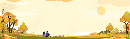 Autumn landscape with Family sitting in garden park looking at Sunset sky,cloud background,Vector illustration Cartoon Banner Nature Orange Foliage Rural Farm field in countryside with sunrise