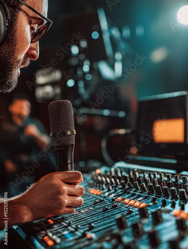 A man is holding a microphone in front of a sound board photo