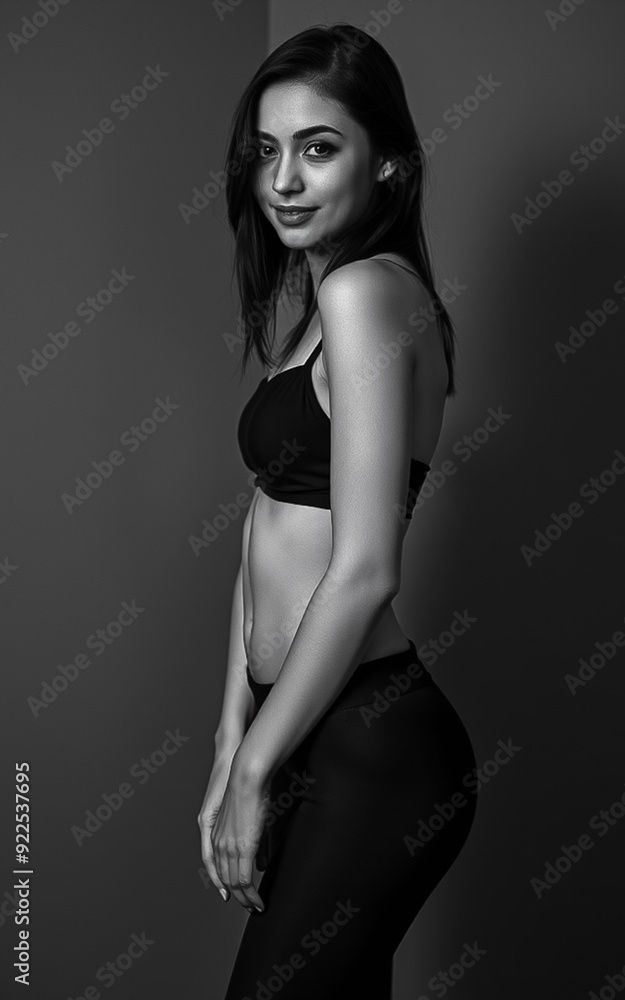 Fashion model posing in studio on plain gray background. Portrait of young woman with black hair. Fashion model posing in studio on plain gray background. Portrait of young woman with black hair.