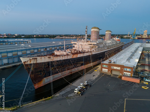 Philsdelphia, Pennyslvania USA- 2024, August 13: The S.S. United States berthed in Philadelphia PA. The SS United States may soon be sold and moved to Escambia County, FL to become an artifical reef 