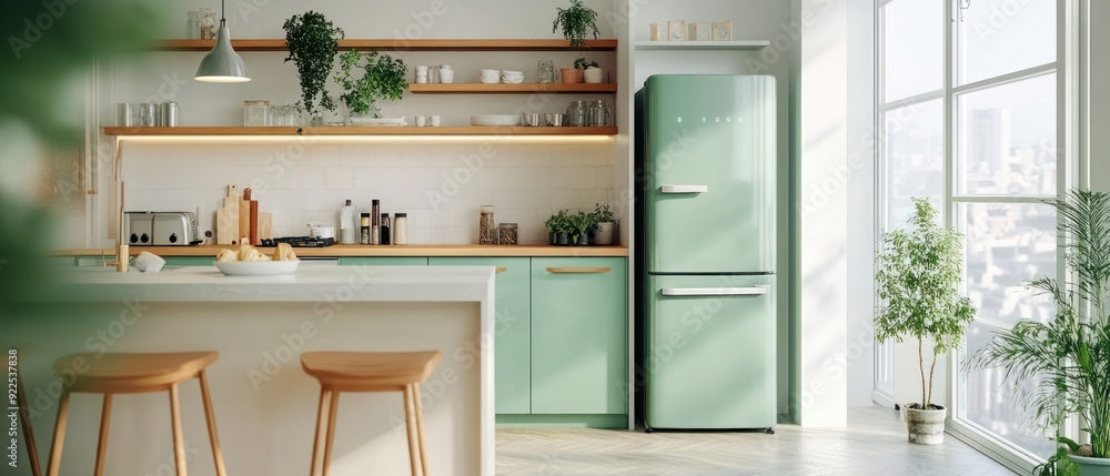 Modern Kitchen with Mint Green Refrigerator and Island