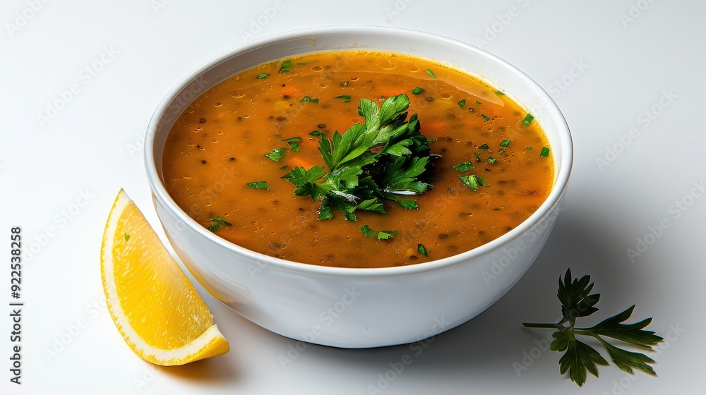 Delicious and Nutritious Lentil Soup in a Bowl - Artistic Editorial Food Photography on White Background Delicious and Nutritious Lentil Soup in a Bowl - Artistic Editorial Food Photography on White Background