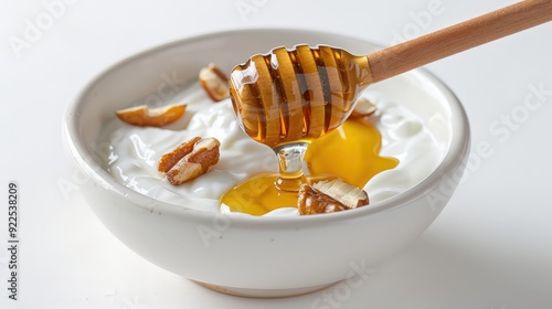 Creamy Greek Yogurt Delight with Honey and Nuts - Editorial Food Photography in Professional Studio Setting on White Background