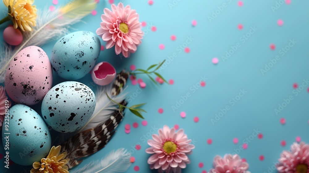happy easter banner with eggs bunny feathers colorful confetti happy easter on blue background. happy easter banner with eggs bunny feathers colorful confetti happy easter on blue background.