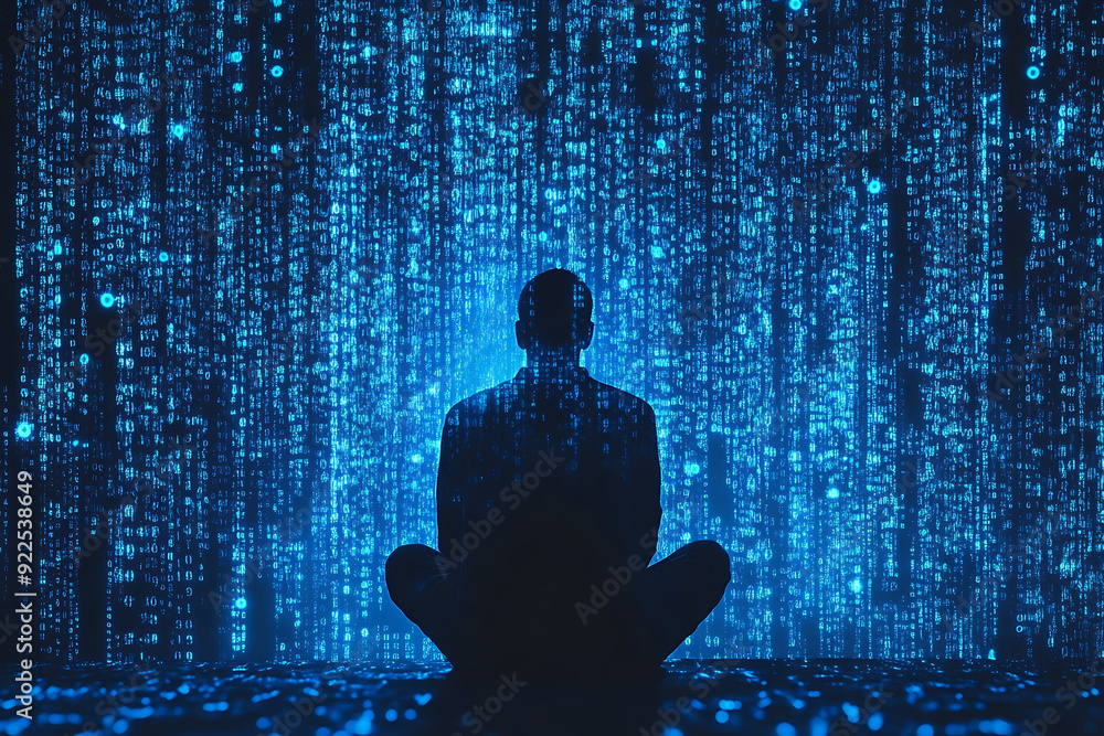 Abstract digital background featuring a binary hacker sitting at a computer