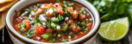 A bowl of fresh pico de gallo salsa with cilantro, tomatoes, onions, and jalapenos, perfect for dipping, topping, or enjoying on its own. photo