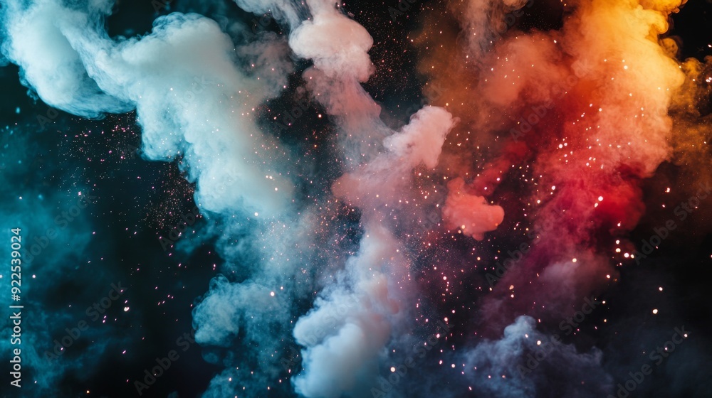 Fototapeta premium Smoke trails from fireworks bursting in the night sky, with colorful sparks illuminating the clouds of smoke, capturing the excitement of a celebration.