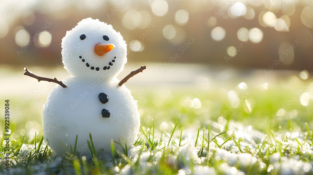 A snowman with a cheerful smile stands in a grassy area as it partially melts under the warm sun, creating a peaceful winter scene A snowman with a cheerful smile stands in a grassy area as it partially melts under the warm sun, creating a peaceful winter scene
