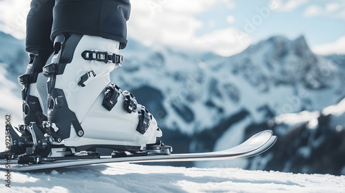 Close-up of a ski boot securely clipped into a binding with a snowy mountain landscape in the background showcasing winter sports enthusiasm and adventure photo