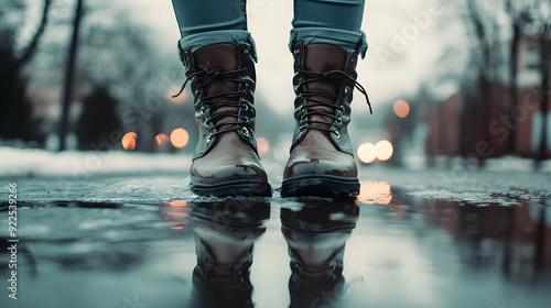 A close-up of winter boots stepping into a puddle, creating ripples on the water surface with a blurred cityscape in the background