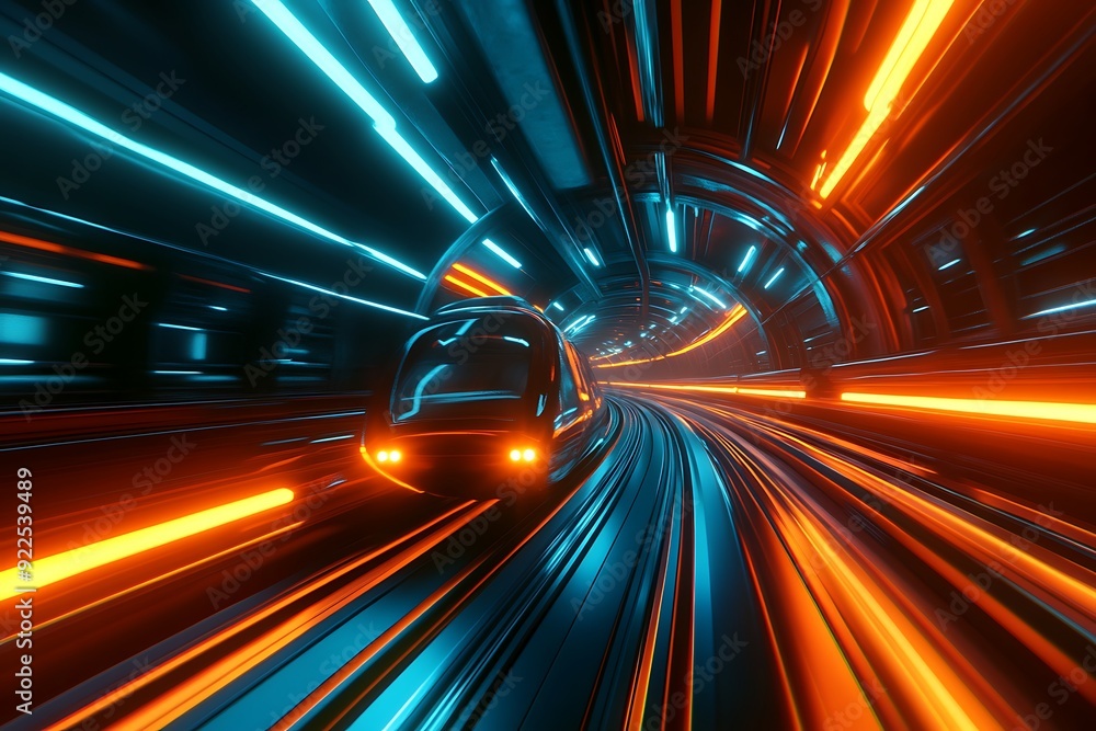 A sleek black vehicle speeds through a neon-lit tunnel, creating a blur of vibrant colors as it races forward. A sleek black vehicle speeds through a neon-lit tunnel, creating a blur of vibrant colors as it races forward.