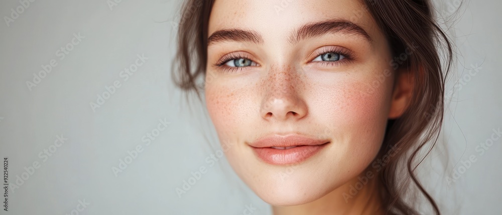 Fototapeta premium Close-up Portrait of a Woman with Freckles and Blue Eyes
