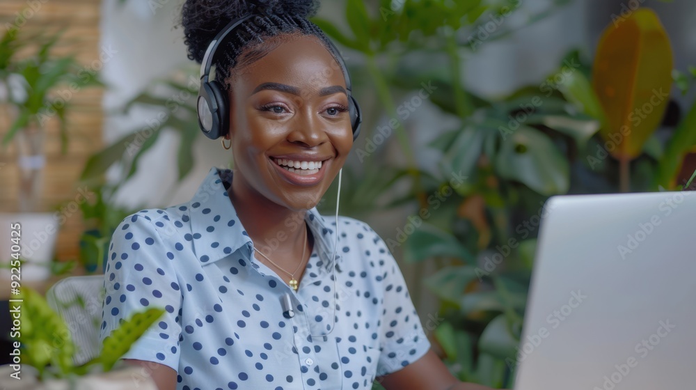 The smiling woman with headset The smiling woman with headset