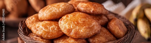 A close-up shot of freshly fried dough balls arranged in a wicker basket, with a blurred background of bananas, symbolizing a simple yet satisfying snack, golden brown, crispy texture