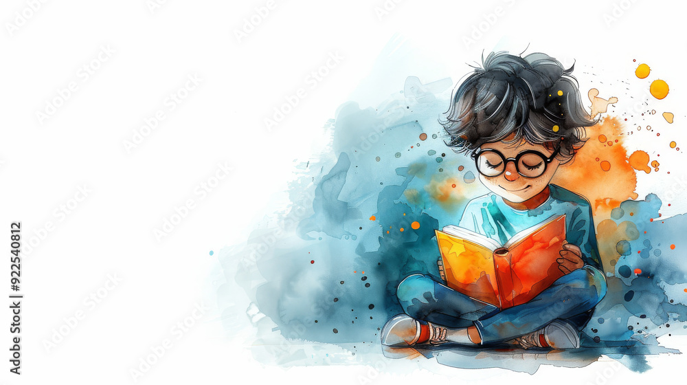 Cute little boy reading book wallpaper in watercolor style Cute little boy reading book wallpaper in watercolor style