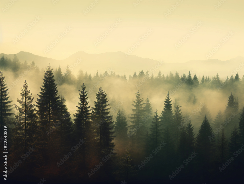 Obraz premium Misty landscape with fir forest