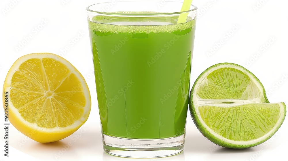 Refreshing Green Juice in a Clear Glass - Vibrant Illustration on White Background, Perfect for Food Magazine, Studio Shot Refreshing Green Juice in a Clear Glass - Vibrant Illustration on White Background, Perfect for Food Magazine, Studio Shot