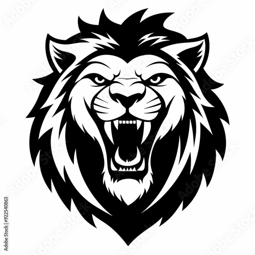 A powerful and evocative black and white illustration of a lion's head, roaring with intensity. Its sharp teeth and fierce expression command attention. 
