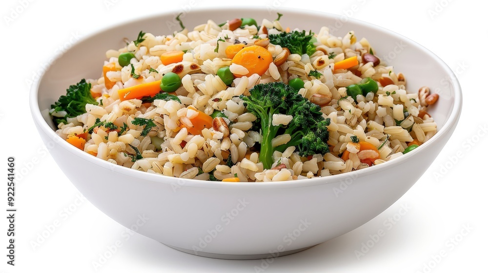 Fresh and Healthy Brown Rice with Steamed Vegetables in a Foods Magazine Style on White Background, Professional Studio Shot Fresh and Healthy Brown Rice with Steamed Vegetables in a Foods Magazine Style on White Background, Professional Studio Shot