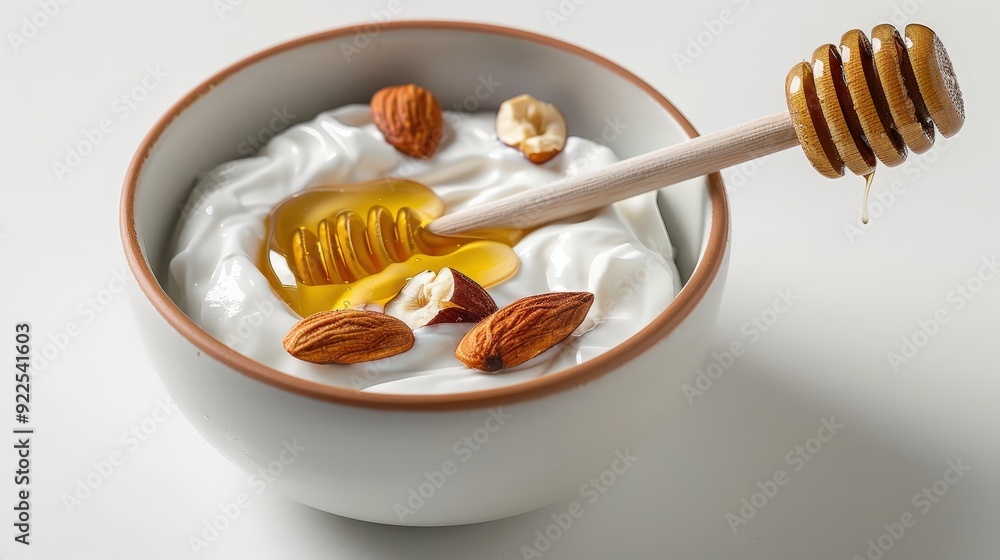 Delicious Greek Yogurt with Honey and Nuts in an Illustrative Bowl - Food Magazine Style Shoot in Professional Studio Delicious Greek Yogurt with Honey and Nuts in an Illustrative Bowl - Food Magazine Style Shoot in Professional Studio