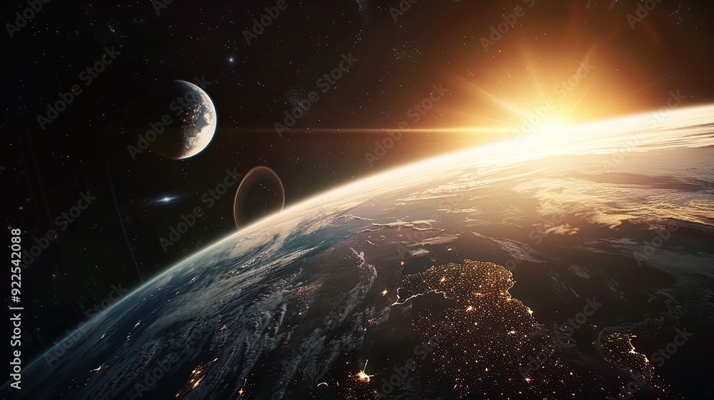 Obraz premium Earthrise with a Distant Moon and Sun Flare