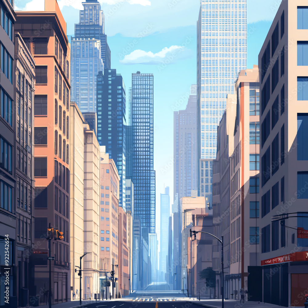 Obraz premium Downtown cityscape at night with skyscrapers and office buildings under a twilight sky