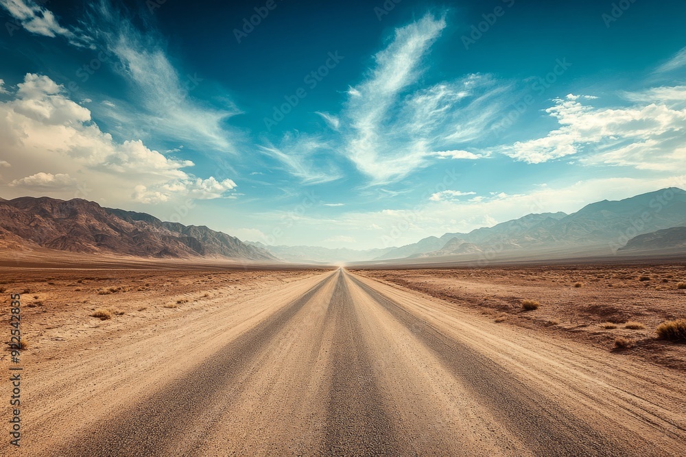 A long, barren gravel road meanders toward the distant horizon, framed by an arid and rugged mountainous landscape beneath a beautifully vibrant sky full of swirling clouds and colors A long, barren gravel road meanders toward the distant horizon, framed by an arid and rugged mountainous landscape beneath a beautifully vibrant sky full of swirling clouds and colors