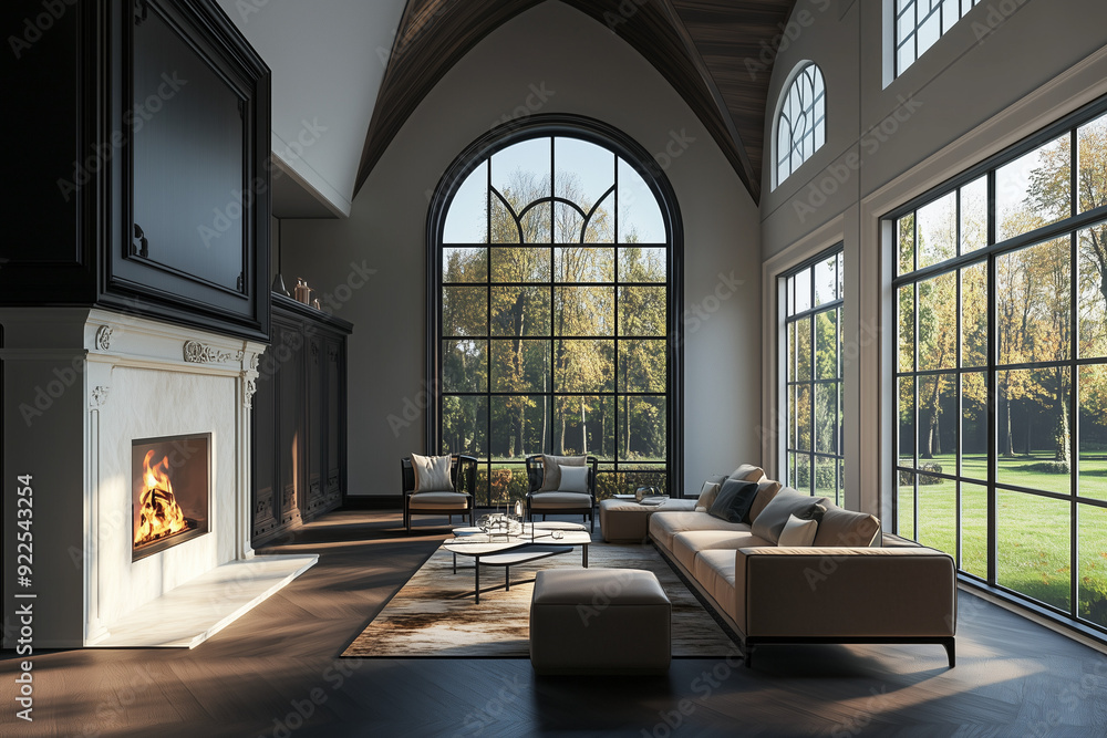 Luxury minimalist living room, with modern fire place, two floor high ceiling. Garden, courtyard view outside the window. Spacious cozy sofa. Luxury minimalist living room, with modern fire place, two floor high ceiling. Garden, courtyard view outside the window. Spacious cozy sofa.