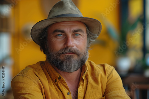 Stylish middle aged caucasian man with gray beard wearing yellow shirt and hat poses for portrait against blurred yellow interior background. Concept of fashion, elegance and mature style