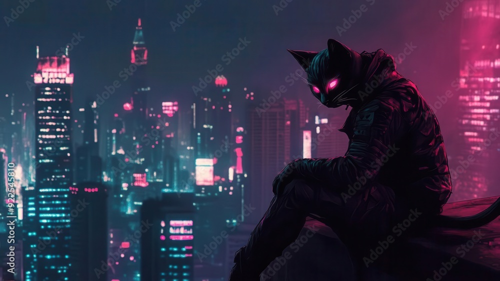Fototapeta premium Shadowy assassin with a sleek cat head, poised on a rooftop at midnight, glowing city below, dark fantasy theme
