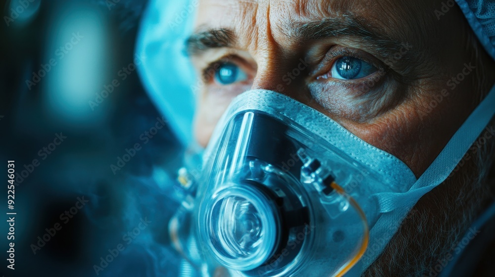 Close-up portrait of a focused medical professional wearing a protective mask, conveying dedication and seriousness in healthcare. Close-up portrait of a focused medical professional wearing a protective mask, conveying dedication and seriousness in healthcare.