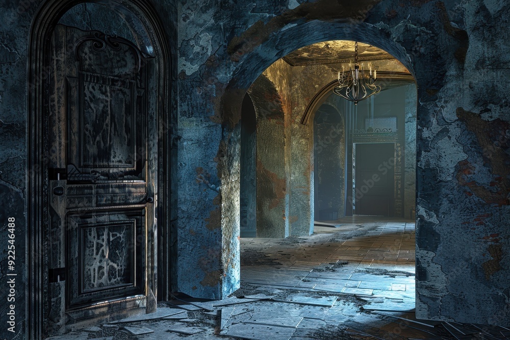 Dark, Abandoned Hallway with Crumbling Walls and a Doorway Dark, Abandoned Hallway with Crumbling Walls and a Doorway
