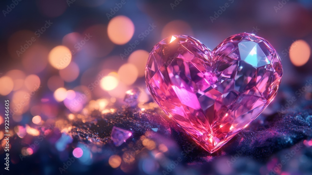 A stunning pink crystal heart set against a captivating glittering background, ideal for romantic themes and settings A stunning pink crystal heart set against a captivating glittering background, ideal for romantic themes and settings
