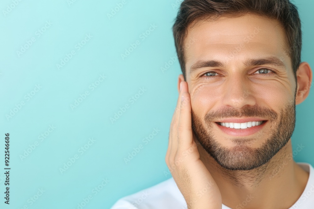 Handsome Young Man Smiling with Clear Skin Against Turquoise Background Handsome Young Man Smiling with Clear Skin Against Turquoise Background
