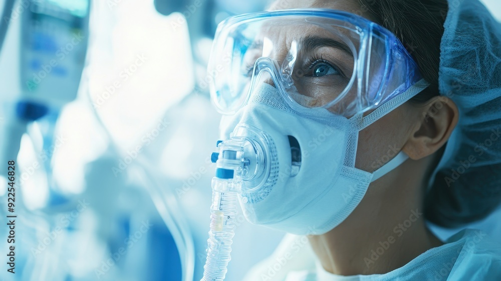 Medical professional wearing a respirator and protective gear in a healthcare environment, focused on patient care and safety. Medical professional wearing a respirator and protective gear in a healthcare environment, focused on patient care and safety.