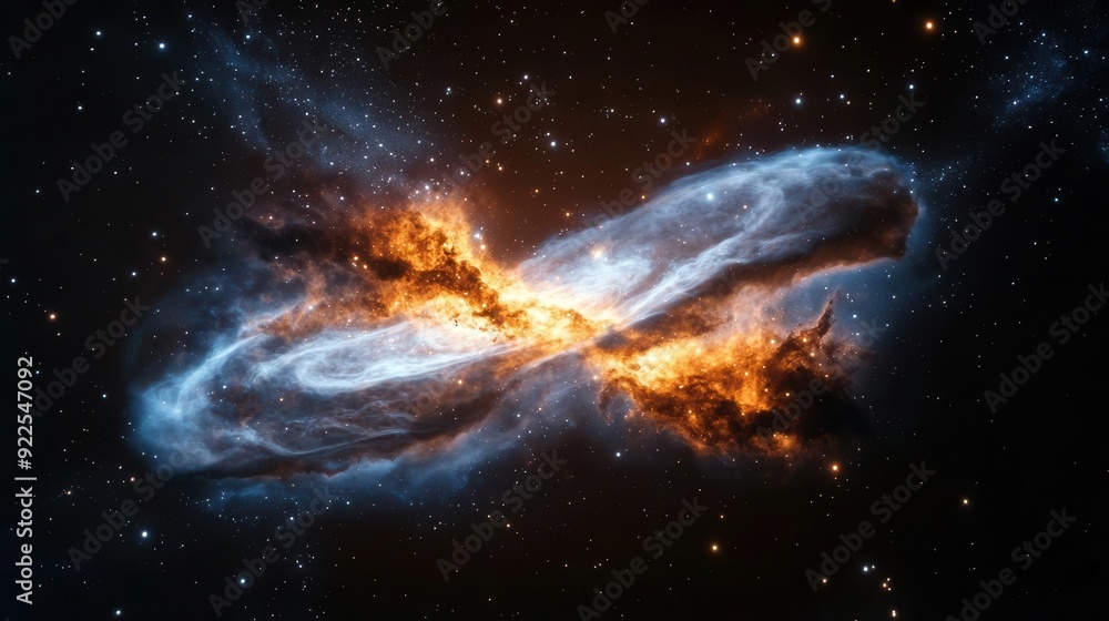Fototapeta premium Cosmic nebula with bright orange and blue gas clouds in space.