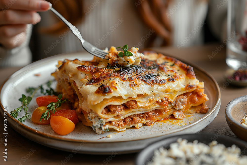 Delicious homemade lasagna with cheese, tomatoes, and herbs on a plate Delicious homemade lasagna with cheese, tomatoes, and herbs on a plate