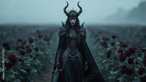 Cinematic Photography Of A Dark Elf Woman Warrior In Black Armor And Thorn Covered Helmet, Medieval Fantasy Concept Of Dark Elf