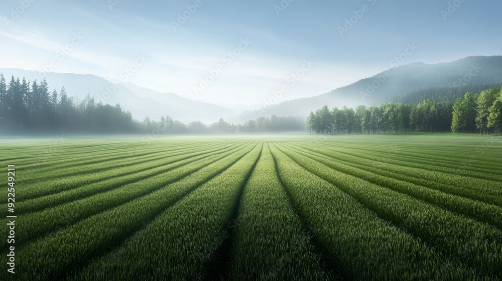 Misty Morning Field, Green Grass, Nature, Landscape, Agriculture Misty Morning Field, Green Grass, Nature, Landscape, Agriculture