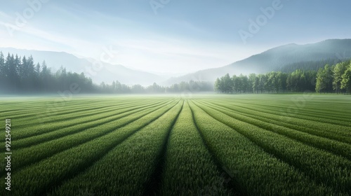 Misty Morning Field, Green Grass, Nature, Landscape, Agriculture