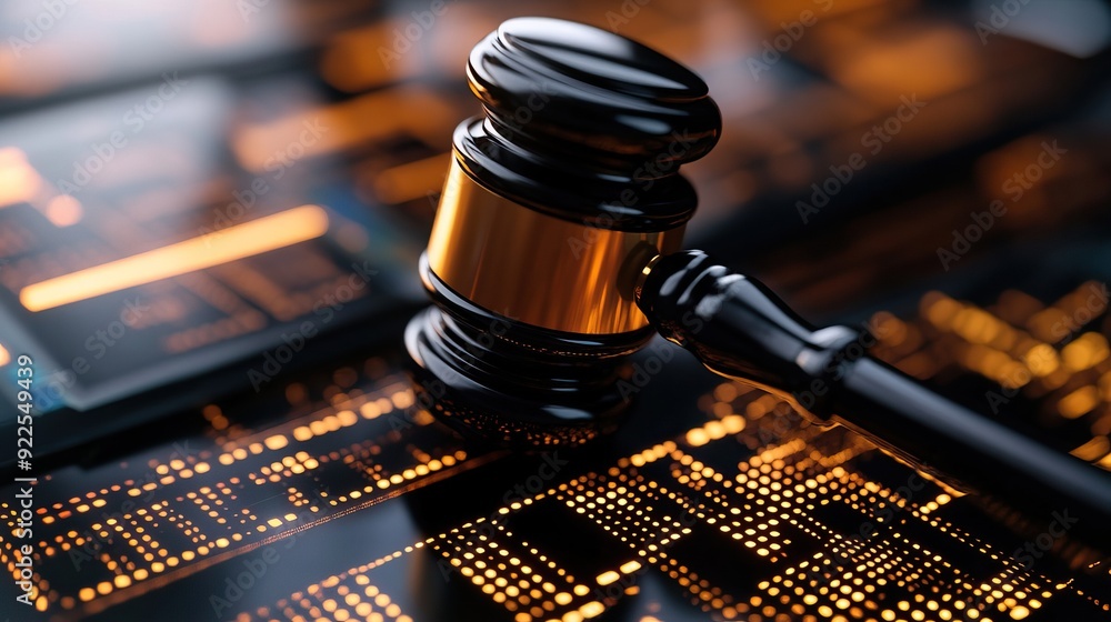 Digital gavel resting on a blockchain network, symbolizing the intersection of legal and technological advancements. Digital gavel resting on a blockchain network, symbolizing the intersection of legal and technological advancements.
