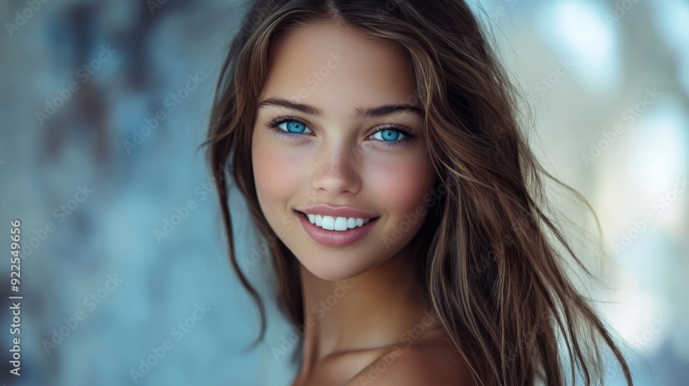 Portrait of a Woman with Blue Eyes and Long Brown Hair, Close-up, Beauty, Model, Smile Portrait of a Woman with Blue Eyes and Long Brown Hair, Close-up, Beauty, Model, Smile