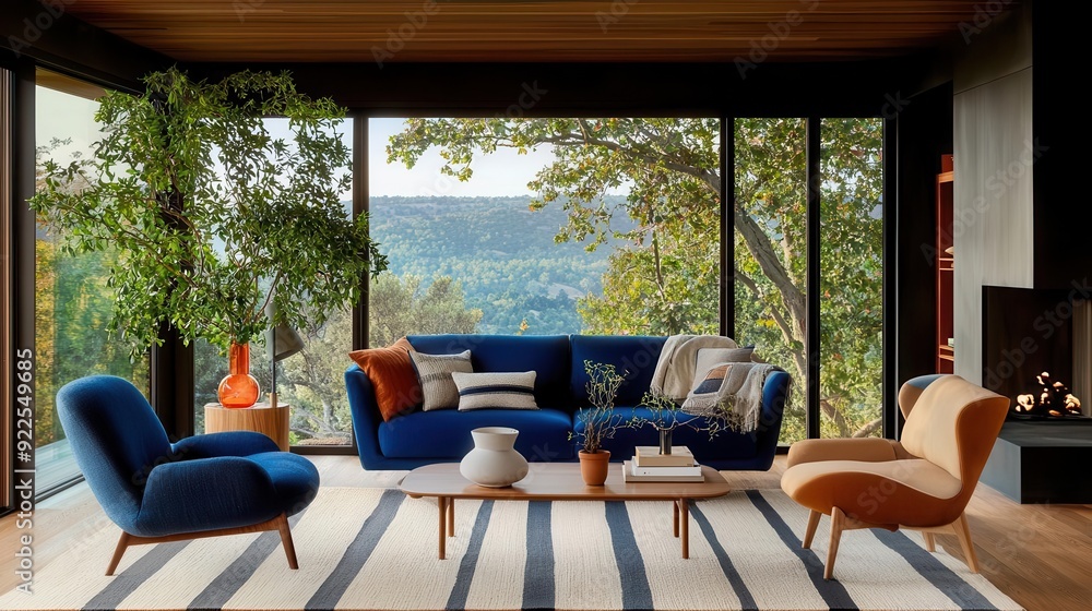 Fototapeta premium Modern living room with navy blue walls and large windows overlooking a forest.