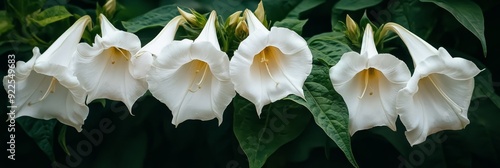 Five white angel trumpet flowers gracefully bloom against a backdrop of vibrant green foliage, symbolizing beauty, serenity, fragility, nature, and growth. photo