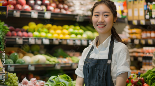 Smiling female asian seller in health food store