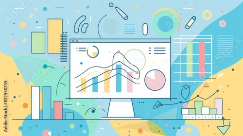 This illustration depicts data analysis, business growth, and success through charts, graphs, and a computer monitor. It symbolizes progress, strategy, and insights.